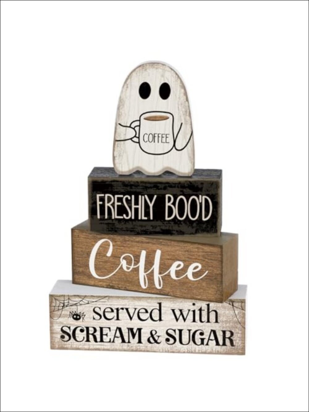 Wooden Halloween Ghost Coffee Bar Sign 4 Pc Tabletop Decor Set